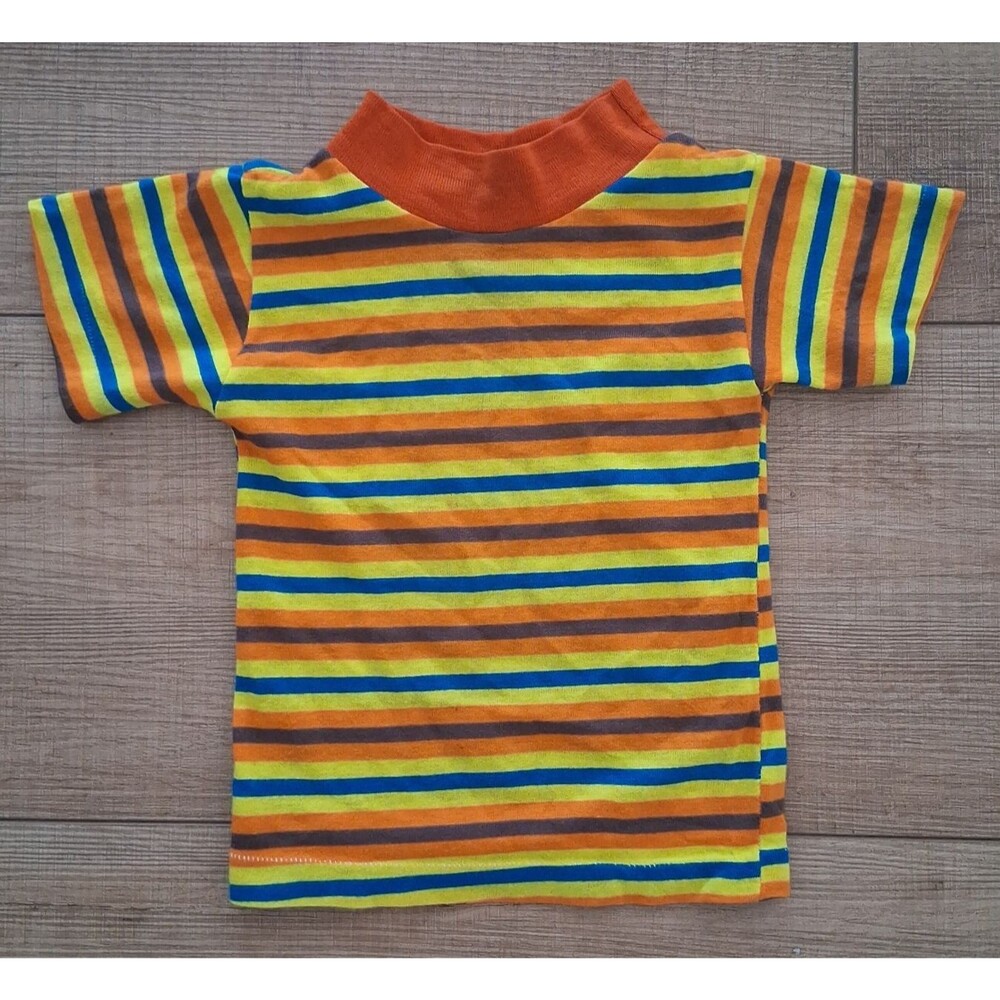 Vintage 70s Health-Tex Striped T-Shirt Toddler 2T Rainbow Mock Neck Kids Tee